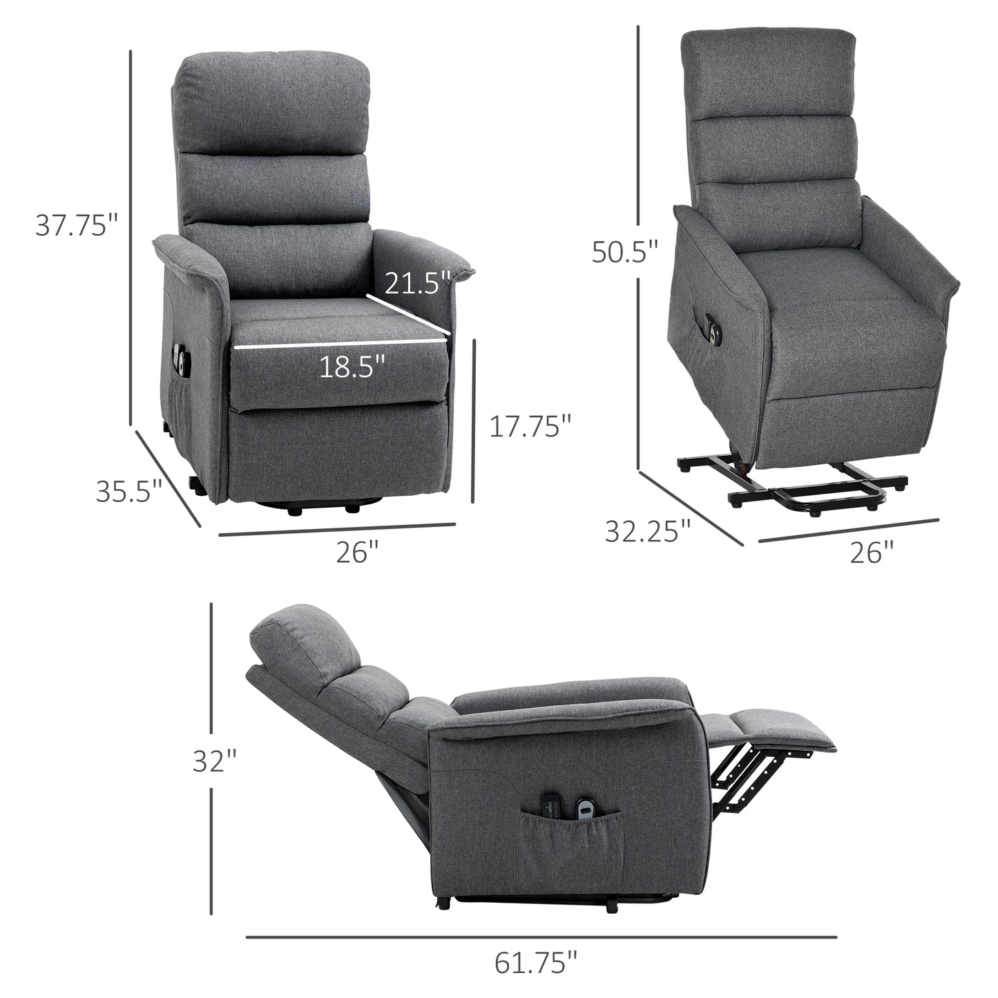 Power Lift Chair with Vibration Massage, Fabric Upholstered Recliner Chair for Elderly with Remote Control, Side Pockets, Grey